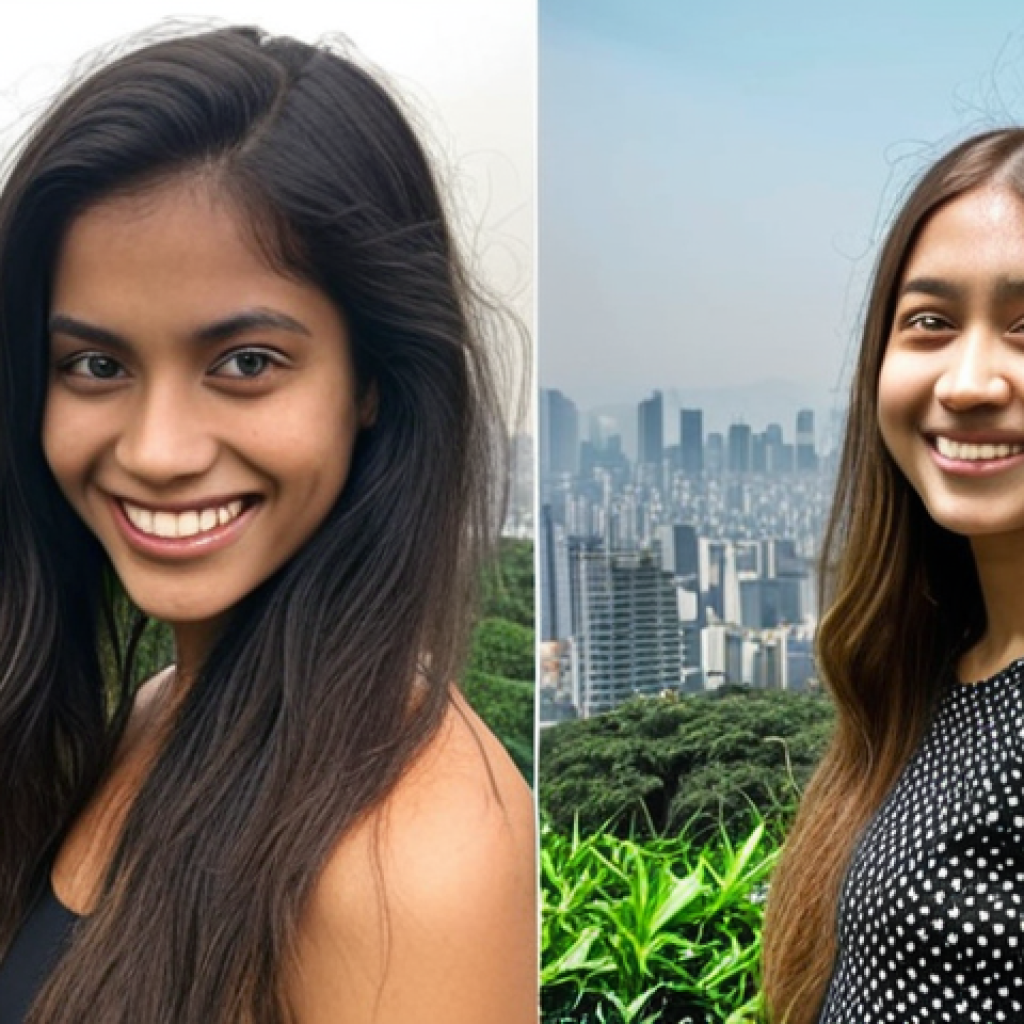 **

A split-screen image. On one side, a woman with dull, lifeless hair stands in a polluted cityscape (think smog and skyscrapers). On the other side, the same woman with radiant, bouncy hair smiles confidently against a backdrop of lush greenery. The contrast highlights the transformation achieved through detoxifying shampoo. Focus on the hair texture and overall vibrancy differences.

**