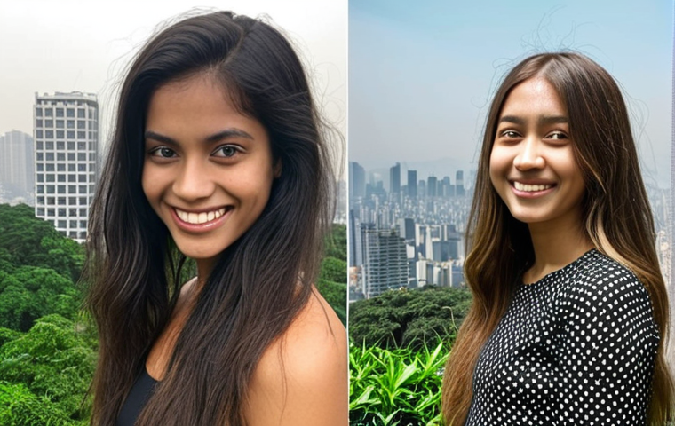**
A split-screen image. On one side, a woman with dull, lifeless hair stands in a polluted cityscape (think smog and skyscrapers). On the other side, the same woman with radiant, bouncy hair smiles confidently against a backdrop of lush greenery. The contrast highlights the transformation achieved through detoxifying shampoo. Focus on the hair texture and overall vibrancy differences.
**