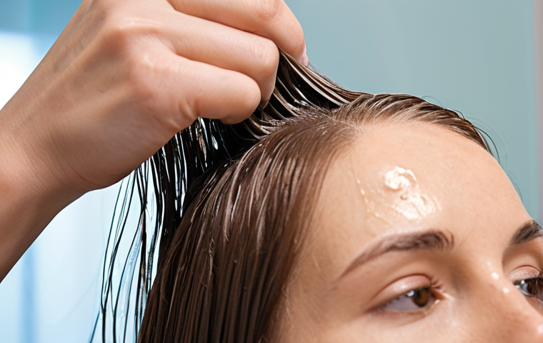 **
Close-up shot of damaged hair being treated with a protein shampoo. The hair is visibly split, dry, and lacking shine. Focus on the texture and the application of the shampoo. Capture the "rescue mission" aspect of the protein treatment. Use a shallow depth of field to emphasize the damaged strands.
**