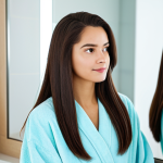 A serene woman with visibly healthy, shiny hair, looking thoughtfully at her reflection. She is gently touching her soft, styled hair, conveying a sense of satisfaction. Dressed in a modest, comfortable robe, appropriate attire. Standing in a brightly lit, clean, and modern bathroom with minimalist decor, subtle light reflecting off her hair. A high-quality, simple, unbranded hair mask jar or tube is subtly placed on a counter in the background. Professional studio photography, soft lighting, natural pose, perfect anatomy, correct proportions, well-formed hands, proper finger count, natural body proportions, fully clothed, modest clothing, appropriate attire, safe for work, appropriate content, family-friendly.