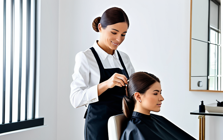 A professional female hairstylist, fully clothed in a modest, modern salon uniform, gently misting a female client's elegant, styled hair with a lightweight finishing spray. The client is seated, wearing appropriate, family-friendly attire. The scene is set in a bright, clean, and spacious hair salon with a contemporary design. The image captures a subtle, polished shine on the hair and a fine, almost invisible mist from the spray bottle. Professional photography, high quality, studio lighting, soft focus background, safe for work, appropriate content, perfect anatomy, correct proportions, natural pose, well-formed hands, proper finger count, natural body proportions.