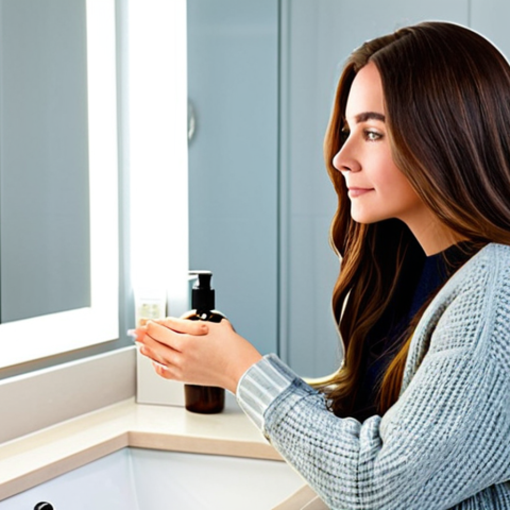 Argan Oil Application**

A professional woman with long, healthy-looking brown hair, *fully clothed* in a cozy sweater, applying a few drops of argan oil to her ends in a well-lit bathroom with a modern vanity. *Safe for work*, appropriate content, *modest* setting. Focus on the healthy shine of her hair. *Perfect anatomy*, *correct proportions*, *natural pose*, *well-formed hands*, *proper finger count*. Professional photography, high quality.

**