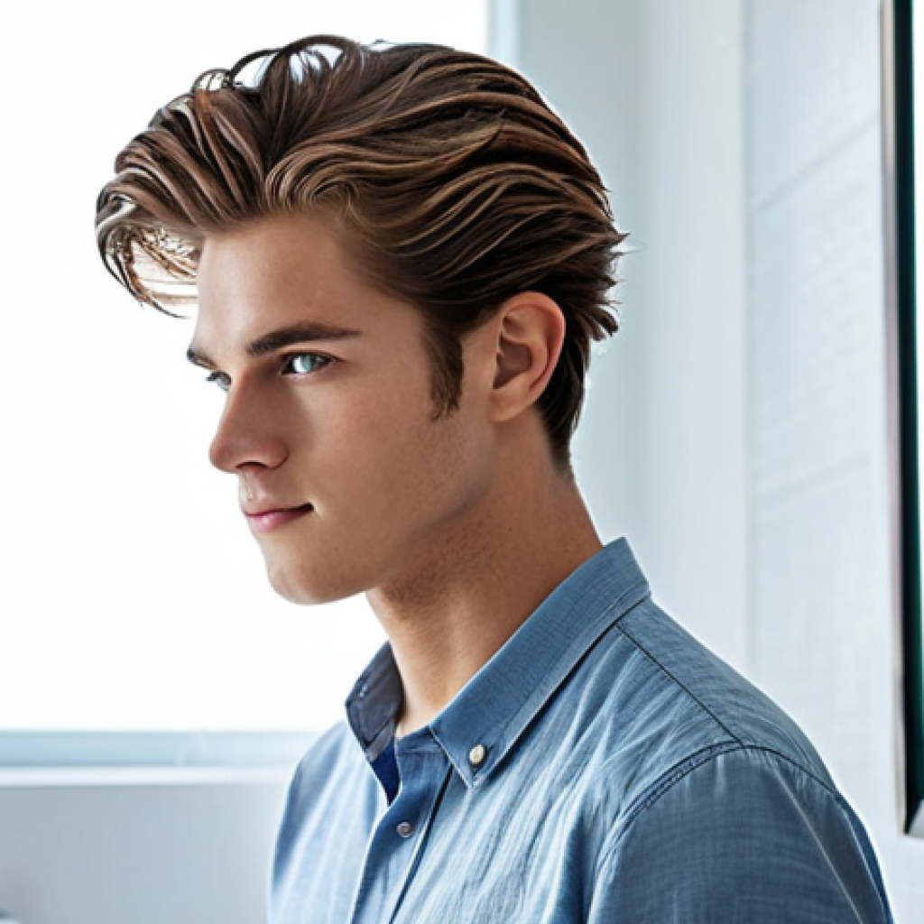 Fine Hair Styling**

"A young man with fine hair, styled with a light hold gel for a textured look, standing in a modern bathroom with natural light, fully clothed, modest attire, safe for work, perfect anatomy, natural proportions, professional hair product advertisement, high quality"

**