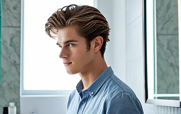 Fine Hair Styling**

"A young man with fine hair, styled with a light hold gel for a textured look, standing in a modern bathroom with natural light, fully clothed, modest attire, safe for work, perfect anatomy, natural proportions, professional hair product advertisement, high quality"

**