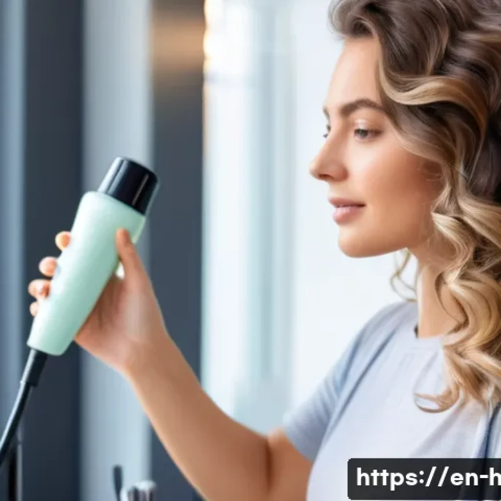 열 보호 기능 있는 헤어 스프레이 - A close-up portrait of a young woman with healthy, shiny wavy hair applying a heat protection spray ...