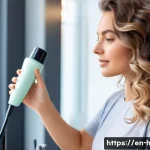 열 보호 기능 있는 헤어 스프레이 - A close-up portrait of a young woman with healthy, shiny wavy hair applying a heat protection spray ...