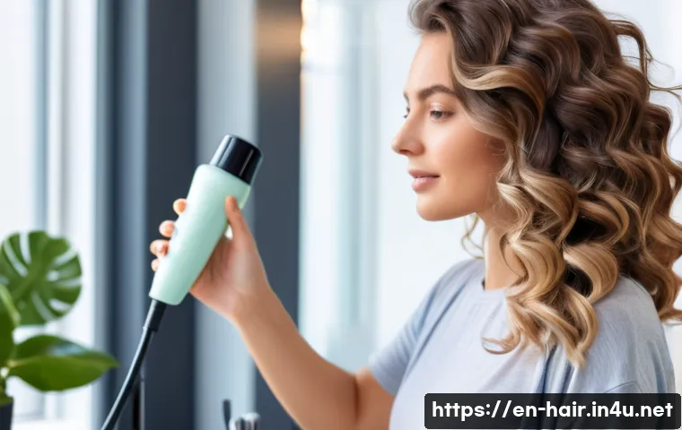 열 보호 기능 있는 헤어 스프레이 - A close-up portrait of a young woman with healthy, shiny wavy hair applying a heat protection spray ...
