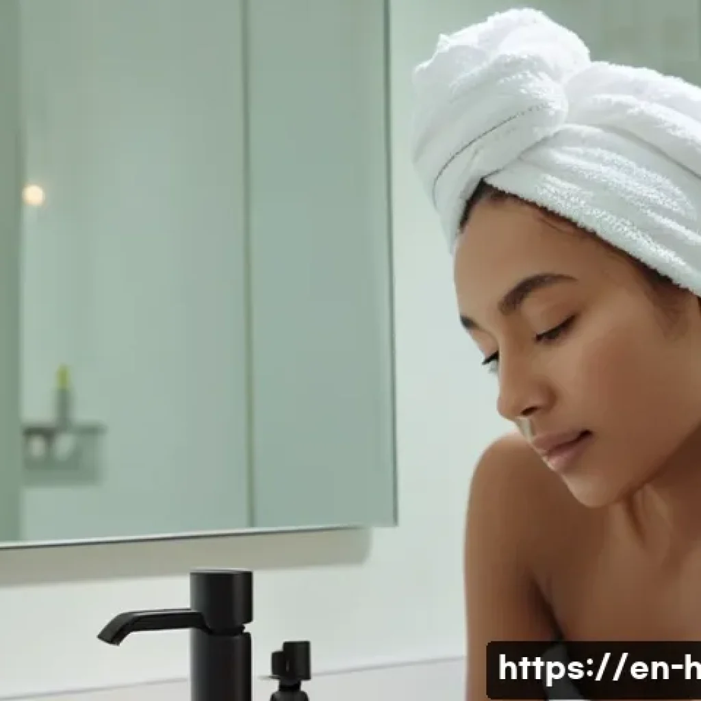 헤어 에센스와 헤어크림 차이 - A close-up portrait of a young woman with wavy, medium-thickness hair applying a lightweight hair es...