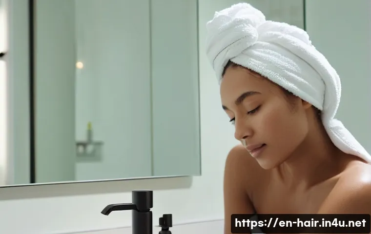 헤어 에센스와 헤어크림 차이 - A close-up portrait of a young woman with wavy, medium-thickness hair applying a lightweight hair es...