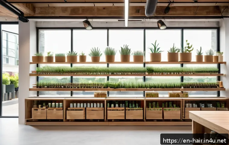 친환경 헤어 브랜드 TOP 5 - A bright and airy eco-friendly hair care store interior showcasing sustainable beauty products displ...