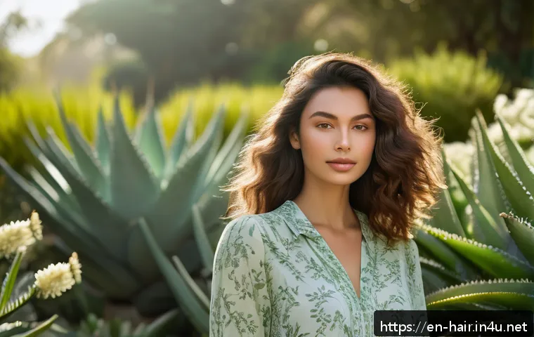 숱이 적은 모발용 헤어 제품 - A serene beauty shot of a woman with naturally voluminous hair, standing in a sunlit botanical garde...