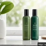 드라이 샴푸와 파우더 샴푸 비교 - A close-up scene of a modern bathroom countertop featuring two hair care products side by side: a sl...