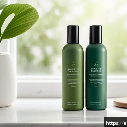 드라이 샴푸와 파우더 샴푸 비교 - A close-up scene of a modern bathroom countertop featuring two hair care products side by side: a sl...