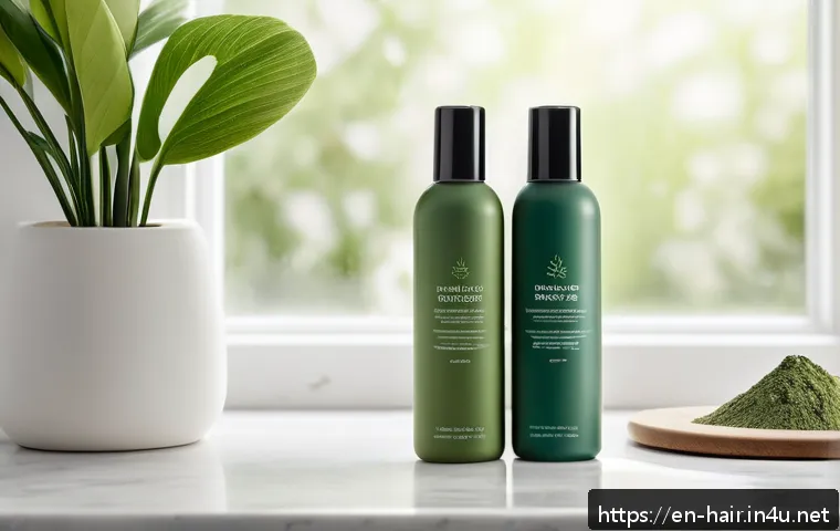 드라이 샴푸와 파우더 샴푸 비교 - A close-up scene of a modern bathroom countertop featuring two hair care products side by side: a sl...
