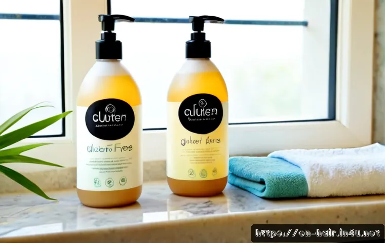 글루텐 프리 샴푸 추천 - Photorealistic clean bathroom counter scene featuring three unbranded gluten-free shampoo bottles wi...