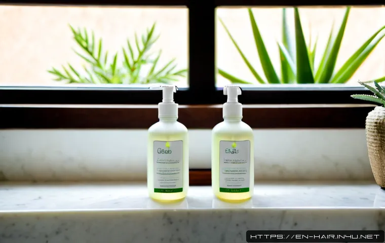 Home 20 히말라야 허벌 샴푸와 판테놀 비교 - Photorealistic bathroom countertop comparison scene, two identical unbranded shampoo bottles with bl...