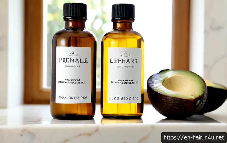 Home 31 자연 성분 헤어 오일 베스트 - Photorealistic editorial beauty still life of three unbranded natural hair oil bottles in clear ambe...